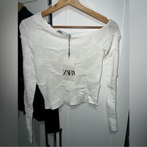 ZARA White Long-Sleeve Boatneck Crop Top